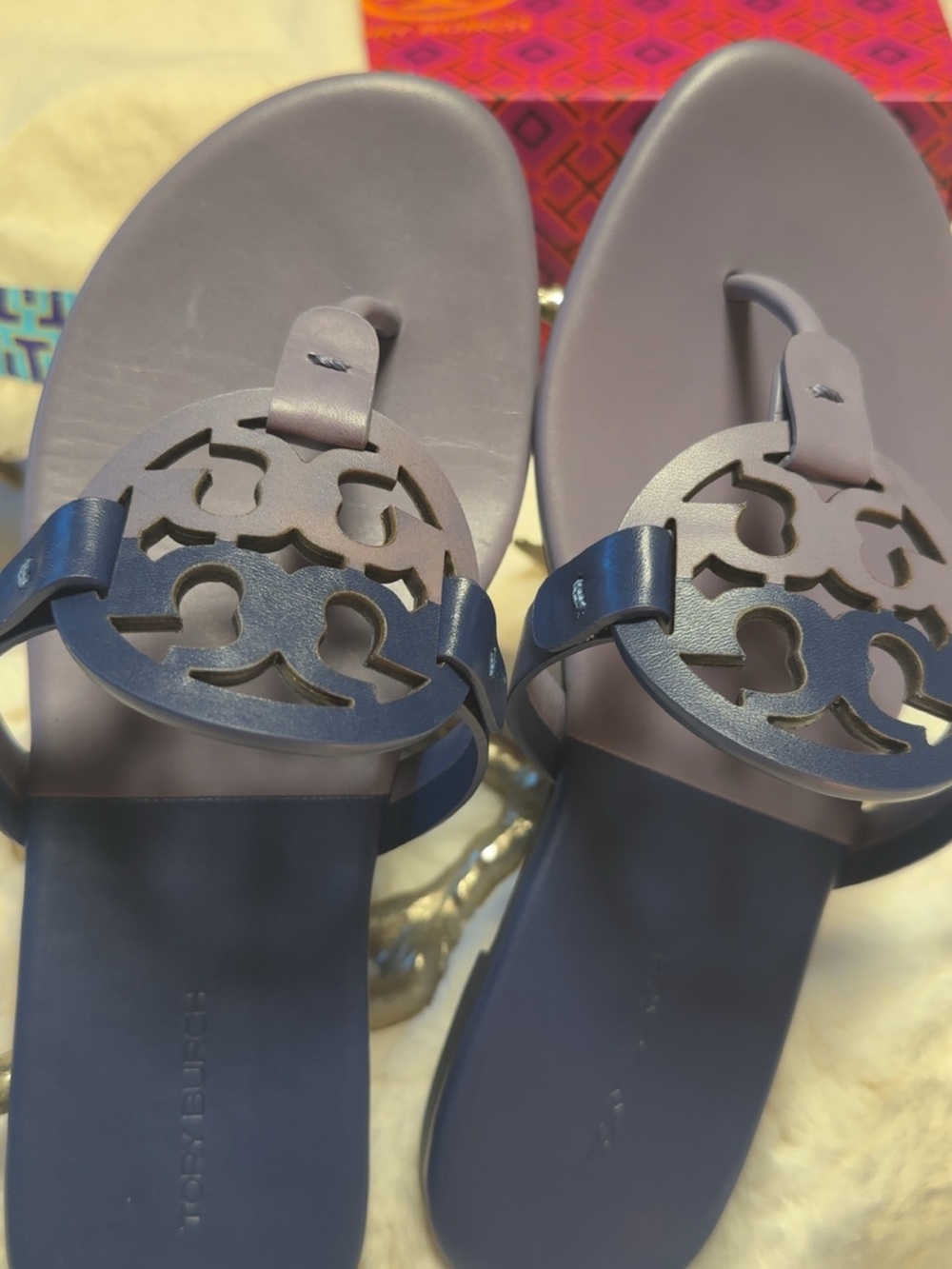 Tory Burch Two-Tone Lavender and Navy Logo Thong Sandals